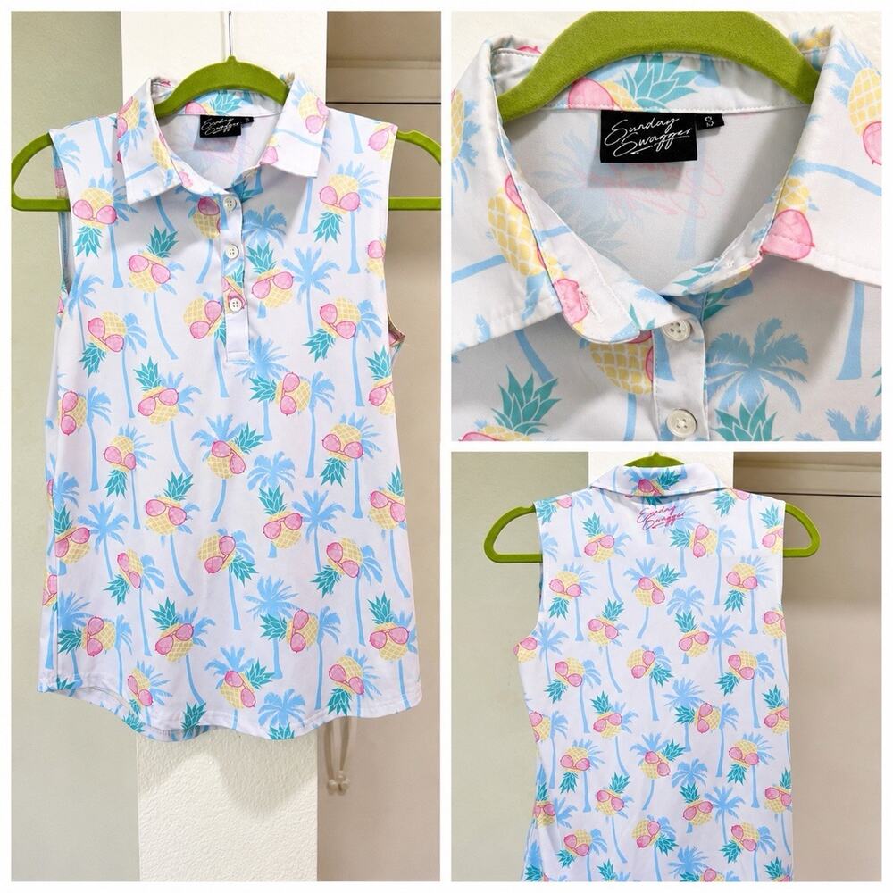 Sunday Swagger Women (S) Sleeveless Polo Shady Pineapple Novelty Funny UPF Golf